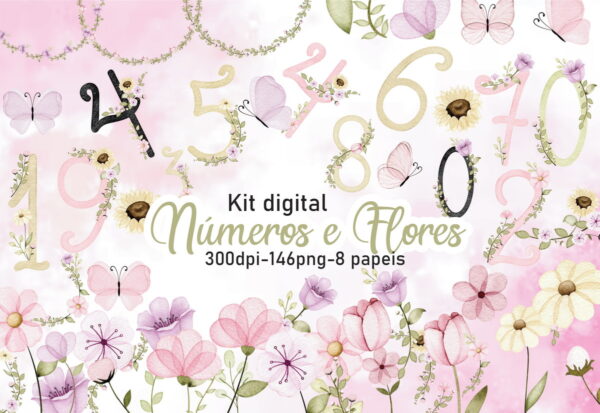 Kit Digital Números e Flores Aquarela