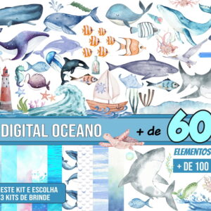 Kit Digital Oceano Fundo do Mar Aquarela + 3 Kits de Brinde
