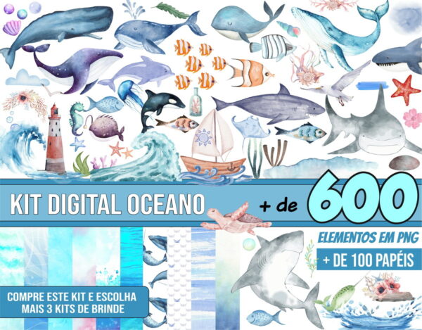 Kit Digital Oceano Fundo do Mar Aquarela + 3 Kits de Brinde