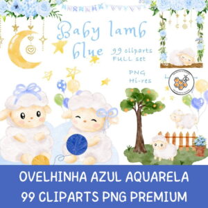 Kit Digital Ovelhinha Azul Aquarela Premium - Baby Lamb Blue