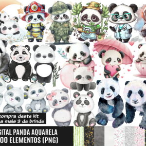 Kit Digital Panda Aquarela + 3 Kits de Imagens de Brinde