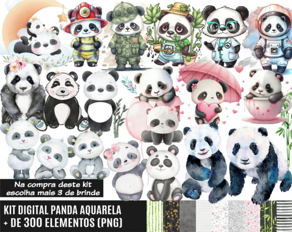 Kit Digital Panda Aquarela + 3 Kits de Imagens de Brinde