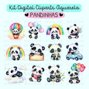 Kit Digital Pandas Aquarela | Cliparts | Desenho Panda