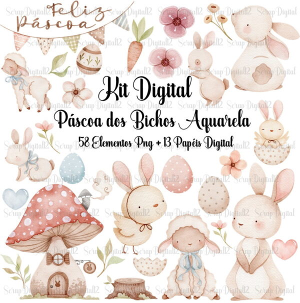 Kit Digital - Páscoa dos Bichos Aquarela