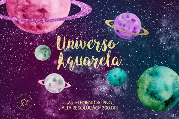 Kit Digital Planetas Universo Galáxia Aquarela 23 Png -c.192