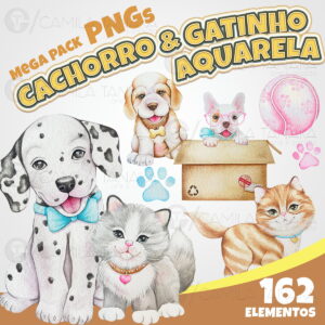 Kit Digital Png Cachorro e Gatinho Aquarela (pague 1 Leve 3)
