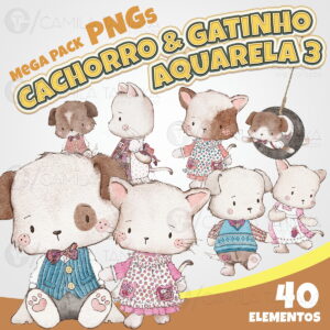 Kit Digital Png Cachorro Gatinho Aquarela 3 (pague 1 Leve 3)