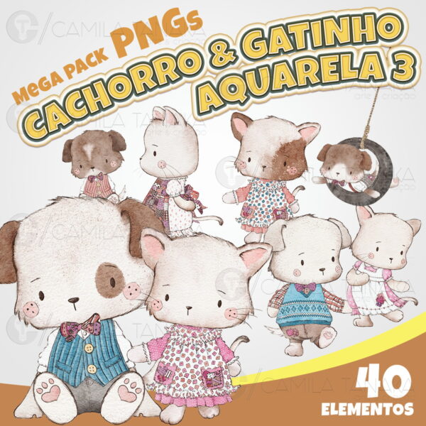 Kit Digital Png Cachorro Gatinho Aquarela 3 (pague 1 Leve 3)