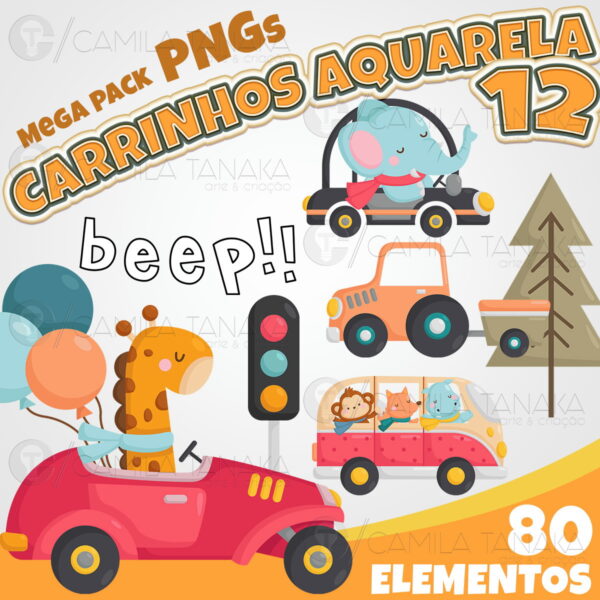 Kit Digital Png Carrinhos Aquarela 12 (pague 1 Leve 3