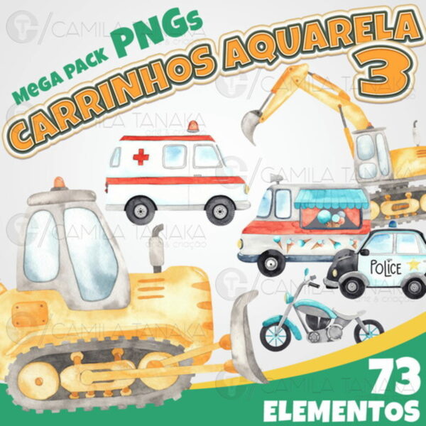 Kit Digital Png Carrinhos Aquarela 3 (pague 1 Leve 3