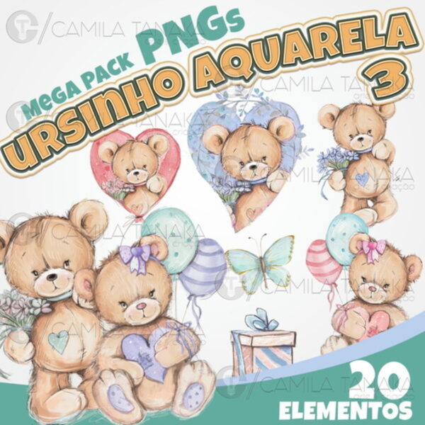 Kit Digital Png Ursinho Aquarela 3 (pague 1 Leve 3)