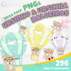 Kit Digital Png Ursinho e Ursinha Baloeiros Colorido
