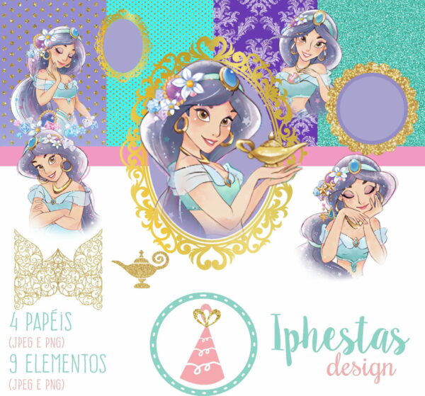 Kit Digital - Princesa Jasmine Aquarela (pague 1 e Leve 3)