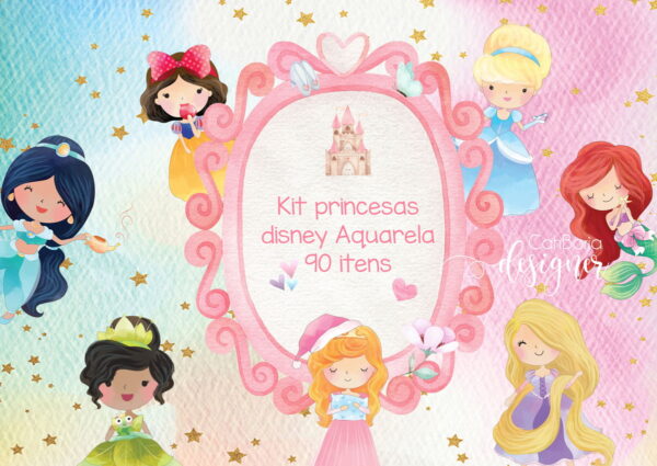 Kit digital princesas disney aquarela - 90 itens
