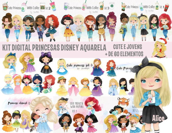 KIT DIGITAL PRINCESAS DISNEY AQUARELA 1