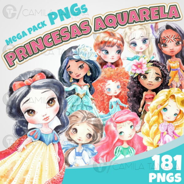 Kit Digital Princesas Disney Aquarela (pague 1 Leve 3)