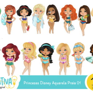 Kit Digital - Princesas Disney Aquarela Praia 01