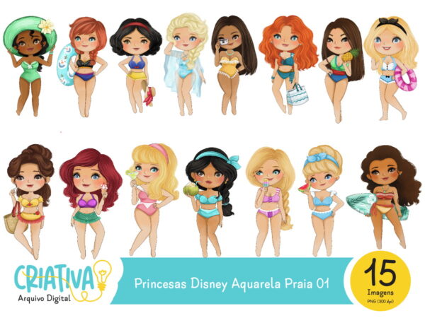 Kit Digital - Princesas Disney Aquarela Praia 01