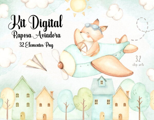 Kit Digital - Raposinha Aviadora Aquarela
