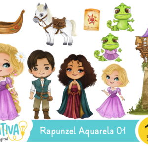 Kit Digital - Princesa Rapunzel Aquarela 01