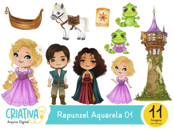 Kit Digital - Princesa Rapunzel Aquarela 01