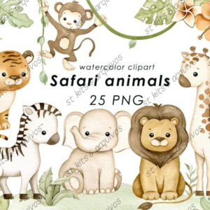 Kit Digital Safari Animals em Aquarela
