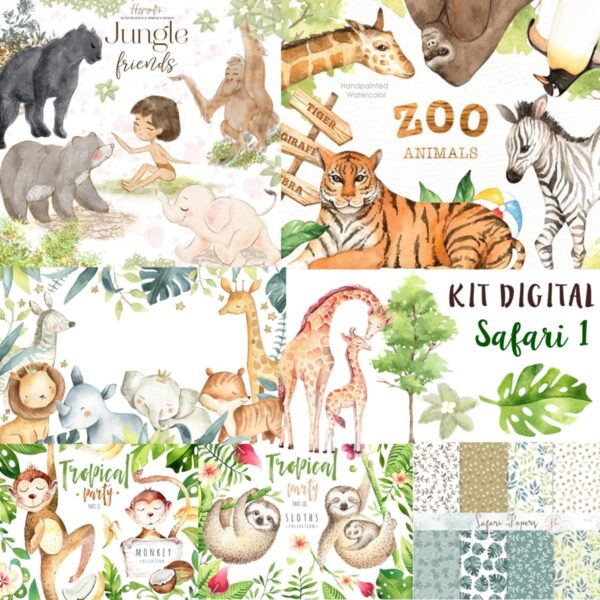 Kit Digital Safari Aquarela 1 + 1 Kit a Sua Escolha