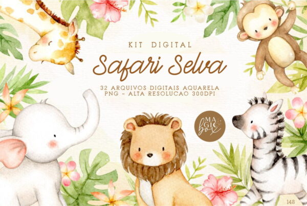 Kit Digital Safari Baby Aquarela 32 Arquivos PNG - Cód.148