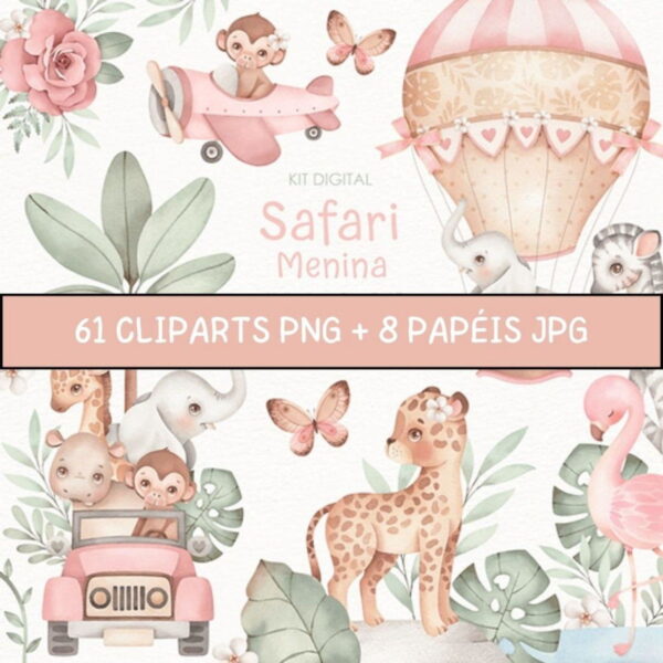 Kit Digital Safari Menina Aquarela Sf18