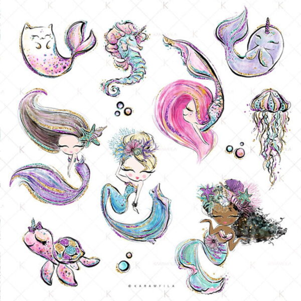 Kit Digital Sereia Mar Praia Aquarela 40 Arquivos PNG - C.54 - Imagem 2
