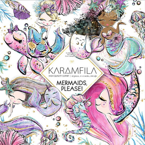 Kit Digital Sereia Mar Praia Aquarela 40 Arquivos PNG - C.54
