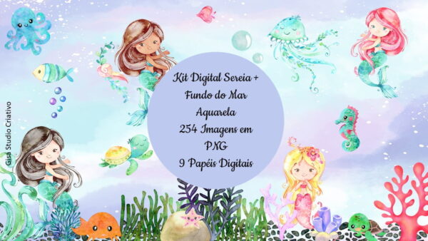 Kit Digital Sereia + Fundo do Mar Aquarela - Image 2