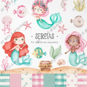 Kit Digital Sereias em Aquarela