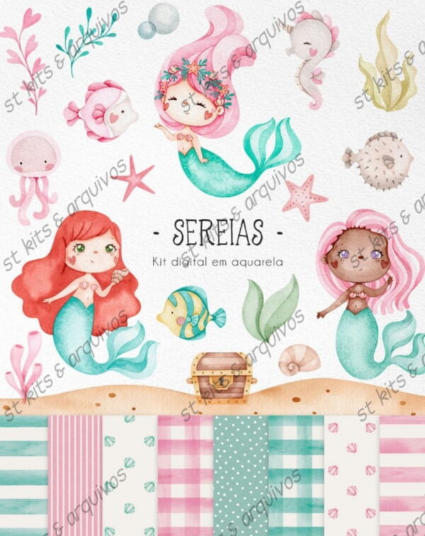Kit Digital Sereias em Aquarela