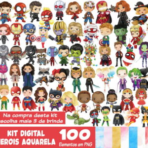 Kit Digital Super Heróis Aquarela Cute + 3 Kits de Brinde
