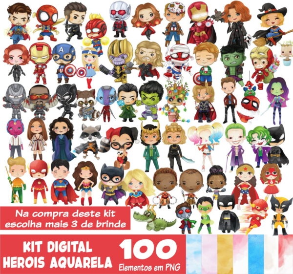 Kit Digital Super Heróis Aquarela Cute + 3 Kits de Brinde