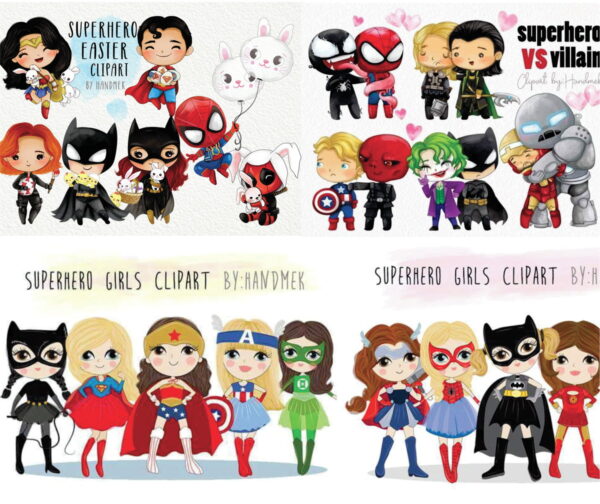 Kit Digital Super Herois aquarela Scrapbook Arquivo Png