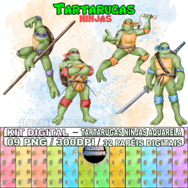 Kit Digital Tartarugas Ninjas Aquarela