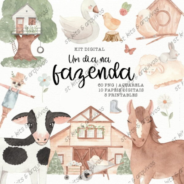 Kit Digital Um Dia na Fazenda em Aquarela