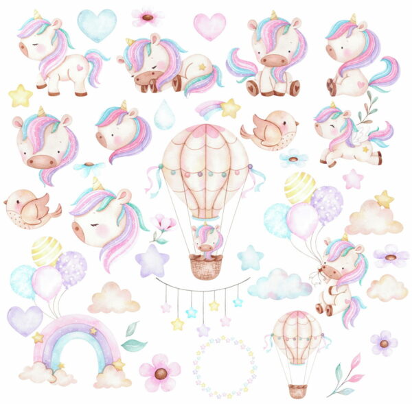Kit Digital Unicórnio Aquarela - Clipart + 1 Arquivo Extra