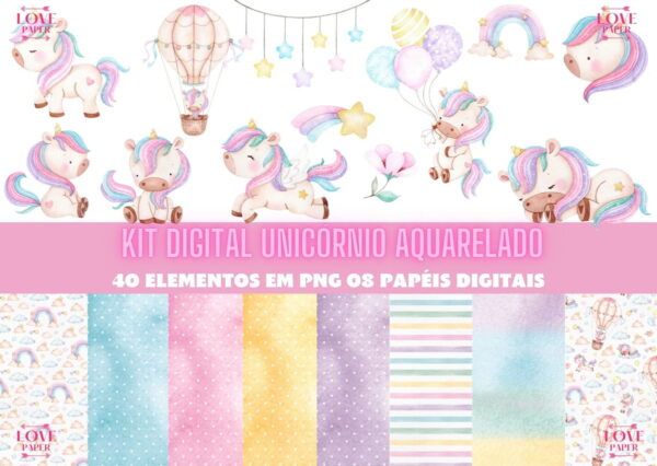 Kit Digital Unicórnio Aquarelado