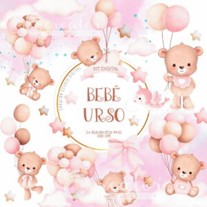 Kit Digital Ursinha Bebê Rosa Aquarela