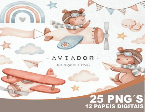 Kit Digital Ursinho Aviador Aquarela