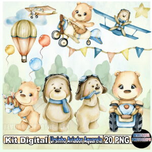 Kit Digital Ursinho Aviador Aquarela