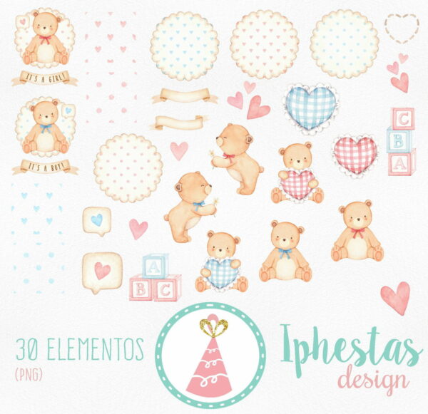 Kit Digital -ursinho -chá Revelação Aquarela (pague 1 Leve 3