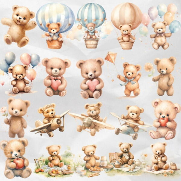 Kit Digital Ursinho Cute Aquarela Premium - Cute Teddy Bear - Image 4