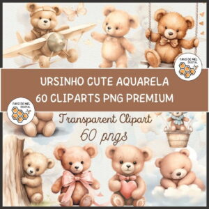 Kit Digital Ursinho Cute Aquarela Premium - Cute Teddy Bear