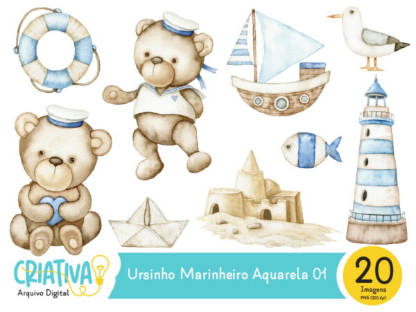 Kit Digital - Ursinho Marinheiro Aquarela 01
