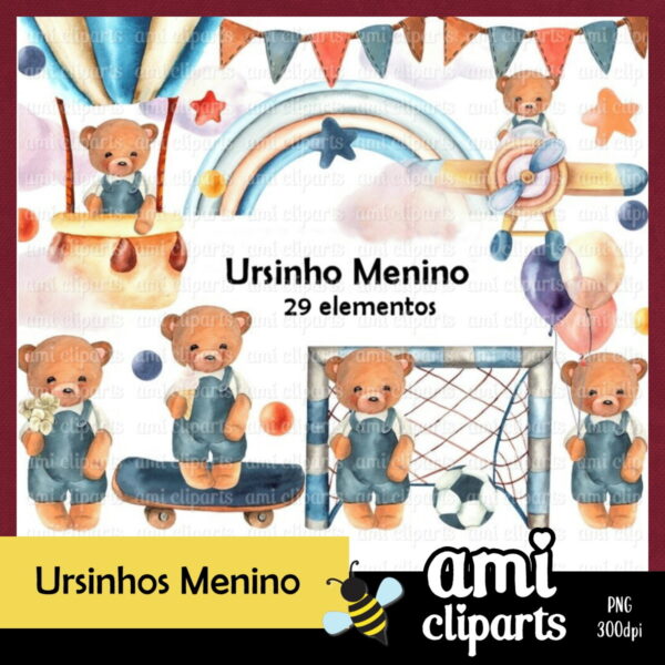 Kit Digital Ursinho Menino Aquarela