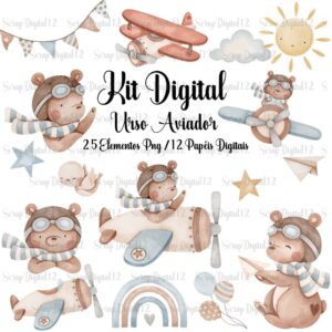 Kit Digital- Urso Aviador Aquarela